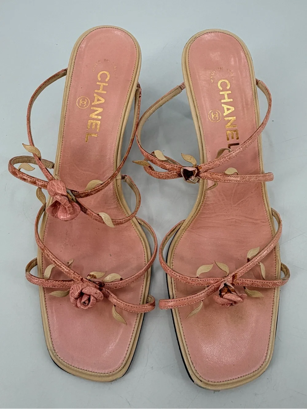 Vintage Y2K Chanel 2001 Rare Strappy Pink Dainty Rosebud Rose Sandals 38.5 FLAWS - Picture 5 of 10